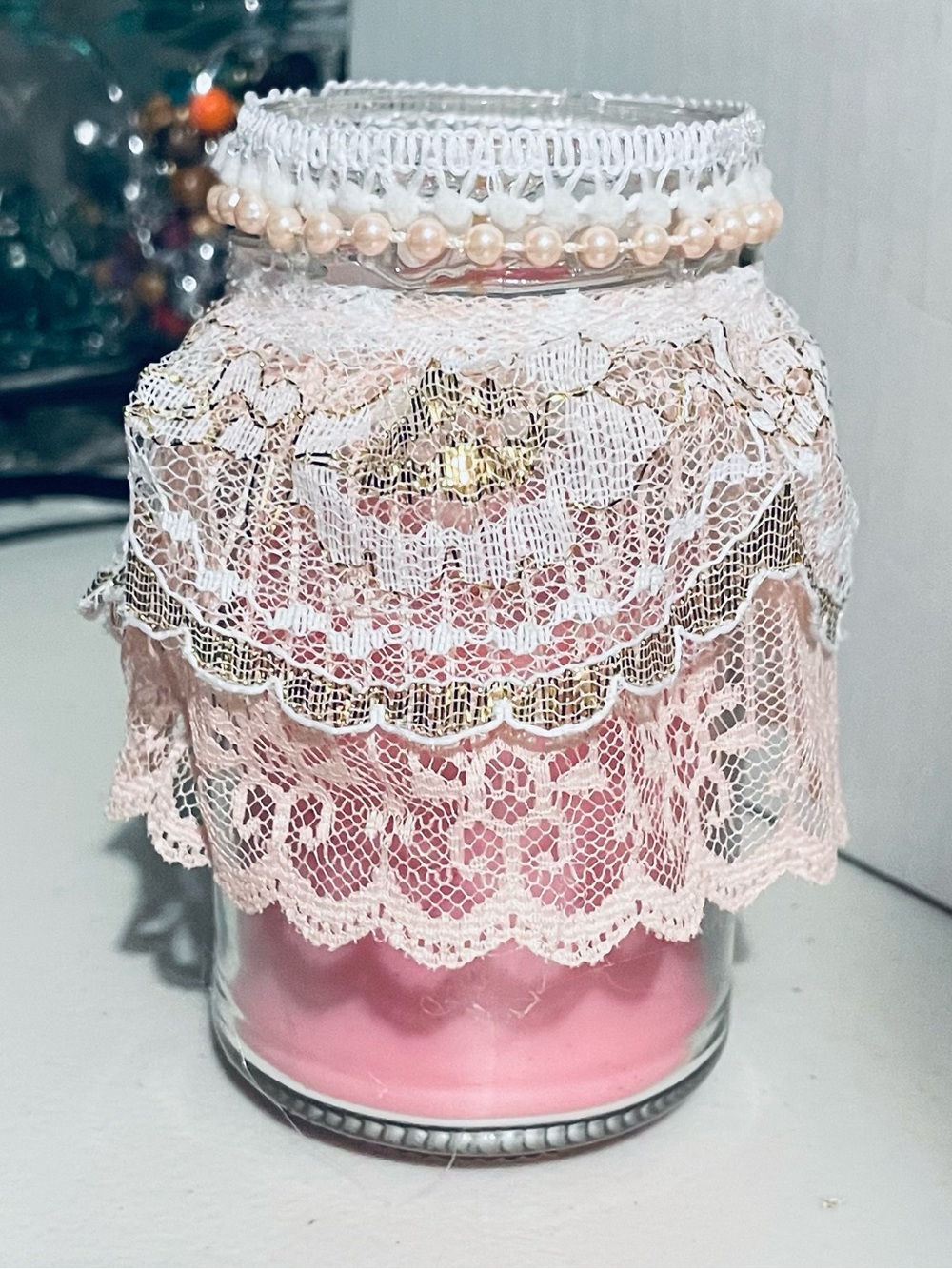 Pink Lace Jar Candle with Pearl Trim